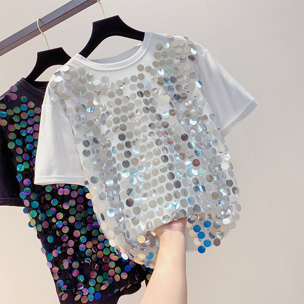 Tricou elegant de damă cu paiete în alb și negru