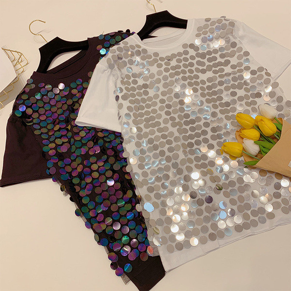 Tricou elegant de damă cu paiete în alb și negru