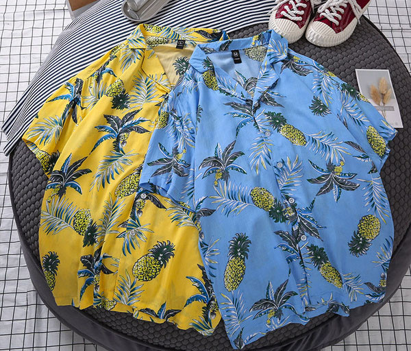 Modern férfi ing rövid ujjú kék és sárga színben