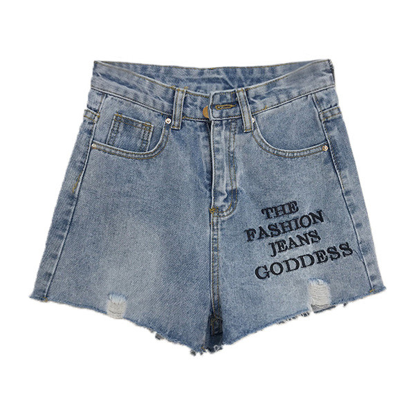 Ежедневни дамски къси панталони с надпис и разкъсани мотиви 