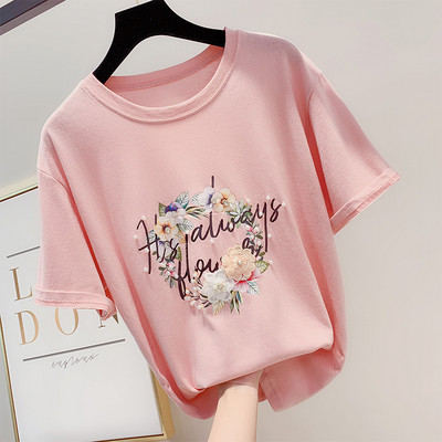 Női póló rövid ujjú felirattal és 3D elemes virágokkal