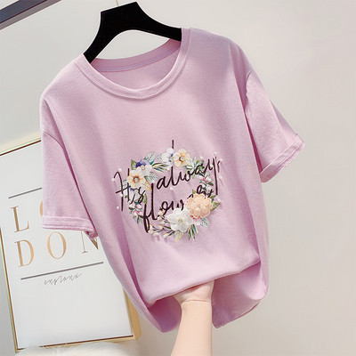 Női póló rövid ujjú felirattal és 3D elemes virágokkal