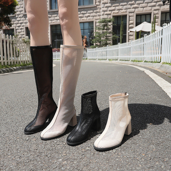 Cizme de dama de vara cu toc gros in negru si bej - doua modele