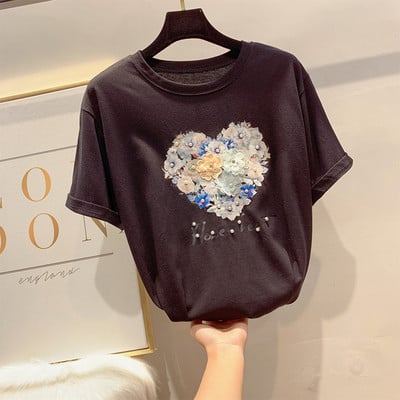 Női póló rövid ujjal, virágos elemekkel