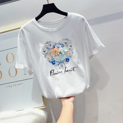 Női póló rövid ujjal, virágos elemekkel