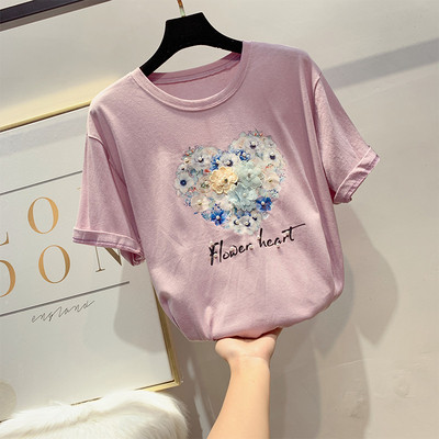 Női póló rövid ujjal, virágos elemekkel