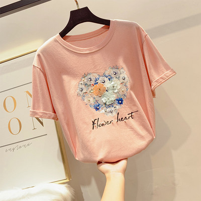 Női póló rövid ujjal, virágos elemekkel