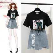 Stílusos női szett kétrészes farmerszoknya + póló két színben