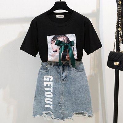 Stílusos női szett kétrészes farmerszoknya + póló két színben