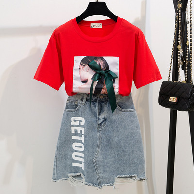 Stílusos női szett kétrészes farmerszoknya + póló két színben