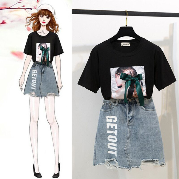 Stílusos női szett kétrészes farmerszoknya + póló két színben