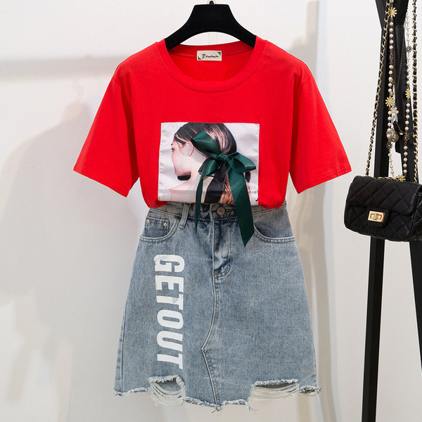 Stílusos női szett kétrészes farmerszoknya + póló két színben