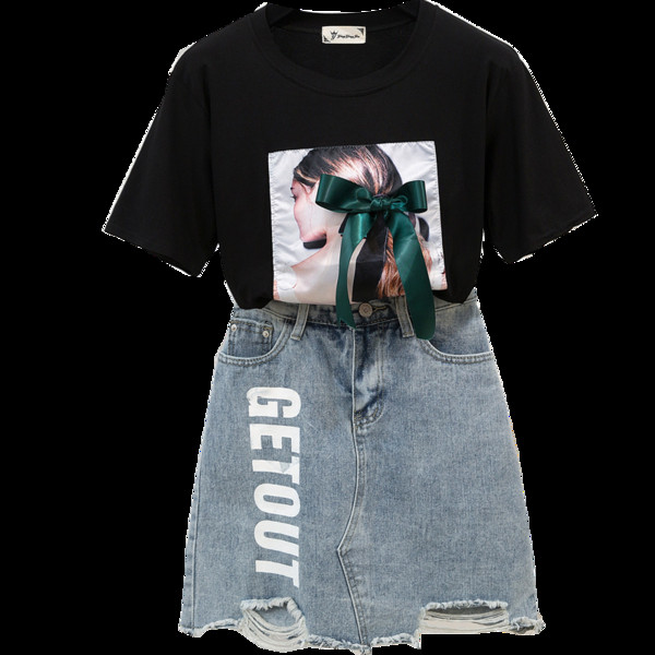 Stílusos női szett kétrészes farmerszoknya + póló két színben