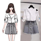 Stílusos női szett kétrészes blúz + farmerszoknya