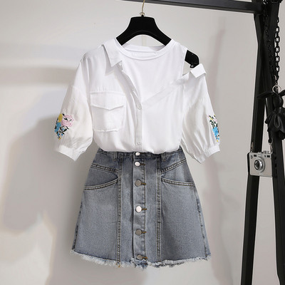 Stílusos női szett kétrészes blúz + farmerszoknya