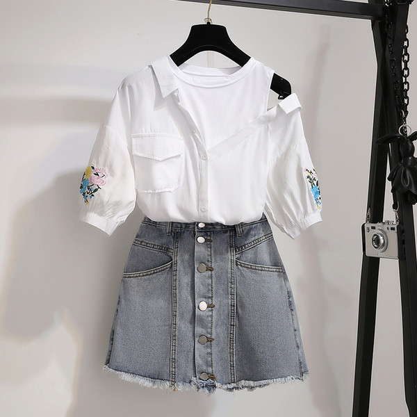 Stílusos női szett kétrészes blúz + farmerszoknya