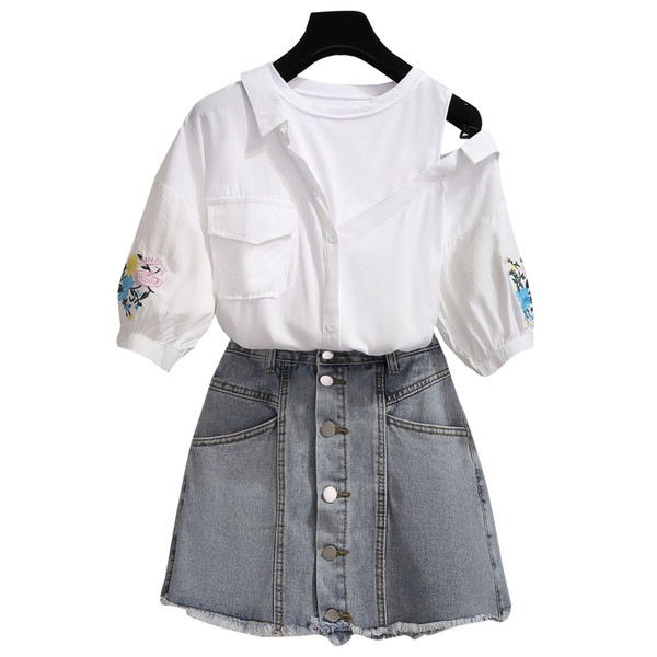 Stílusos női szett kétrészes blúz + farmerszoknya