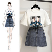 Elegáns női szett kétrészes póló + farmerszoknya