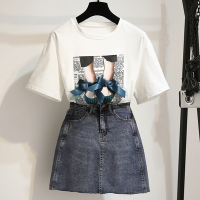 Elegáns női szett kétrészes póló + farmerszoknya