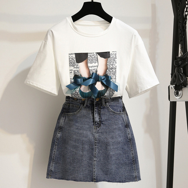 Elegáns női szett kétrészes póló + farmerszoknya