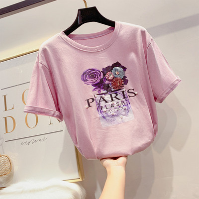 Női alkalmi póló virágokkal és gyöngyökkel