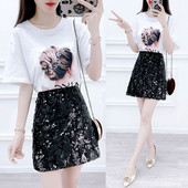 Elegáns női szett kétrészes póló + szoknya flitterekkel