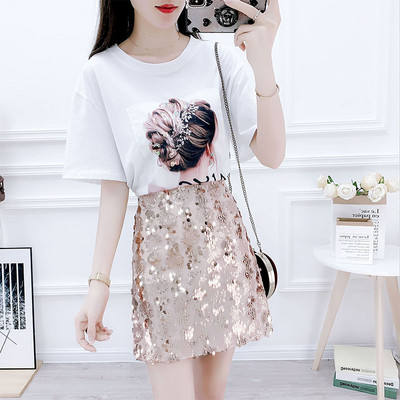 Elegáns női szett kétrészes póló + szoknya flitterekkel