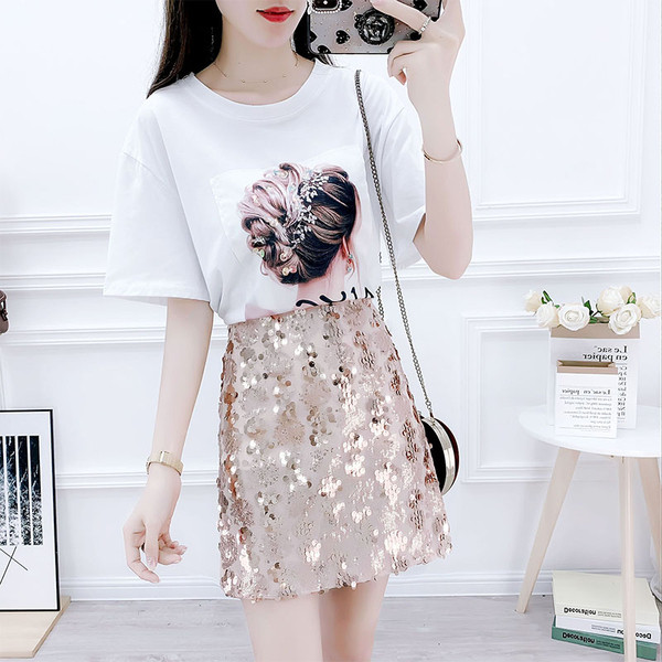 Elegáns női szett kétrészes póló + szoknya flitterekkel