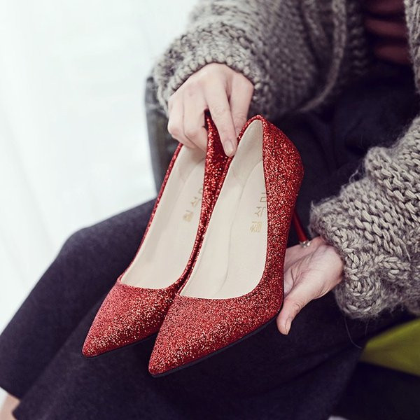 Pantofi eleganti de dama cu toc subtire si efect stralucitor in mai multe culori