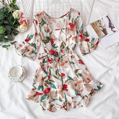 Salopeta de dama cu model floral si decolteu in V