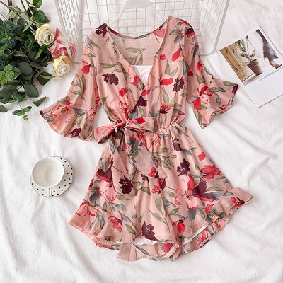 Salopeta de dama cu model floral si decolteu in V