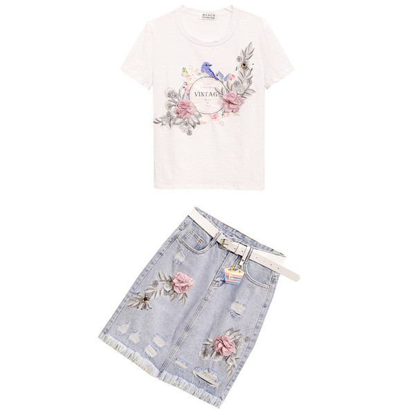 Naprakész női szett pólóval és farmerszoknyával 3D elemekkel több színben