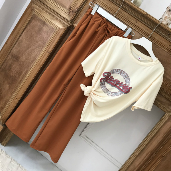 Stílusos női szett kétrészes széles nadrág + póló