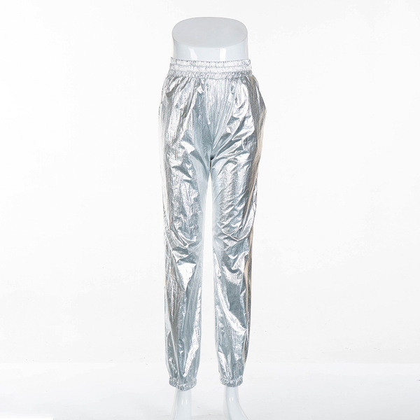 Pantaloni moderni de dama cu talie elastica de culoare argintie