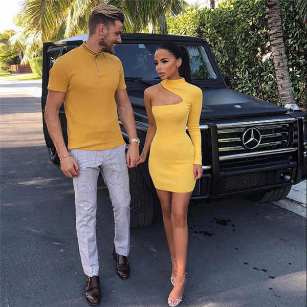 Modern női ruha egy ujjal, sárga színben