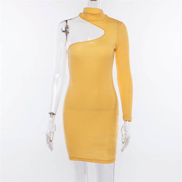 Modern női ruha egy ujjal, sárga színben