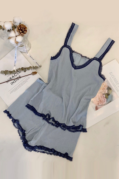 Kétrészes női nyári pizsama kék, fekete és rózsaszín színben