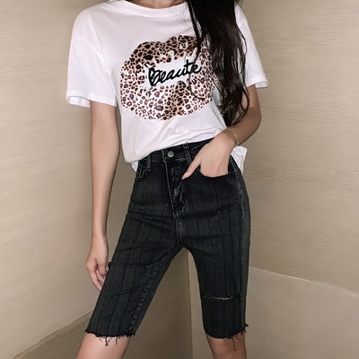 Модерни дамски дънкови панталони със скъсани мотиви и камъни в син и черен цвят