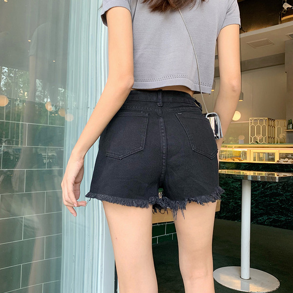 Modern, magas derekú farmer rövidnadrág és gyöngyház fekete és kék színben