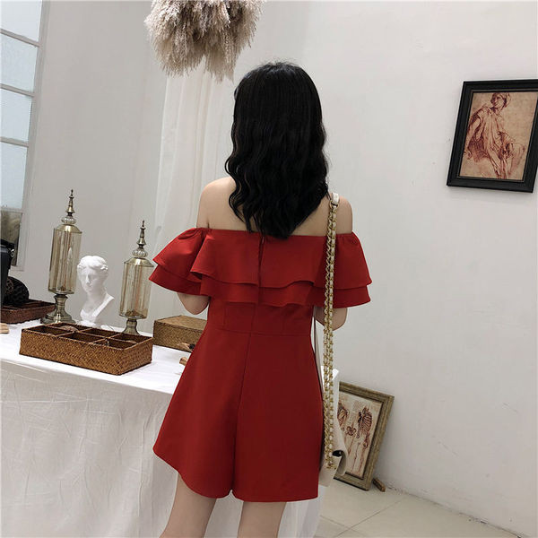 Nyitott vállú női overall fekete és piros színben