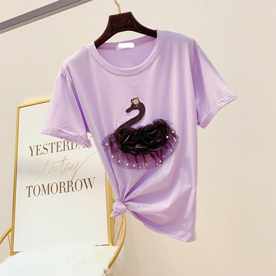 Modern női póló 3D elemekkel, gyöngyökkel