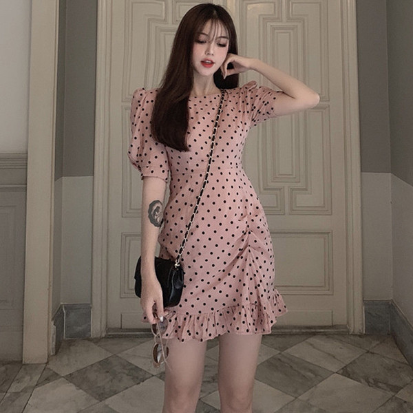 Két színben pöttyös, rövid ujjú női ruha