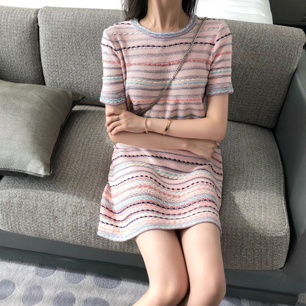 Női csíkos alkalmi ruha rövid ujjal