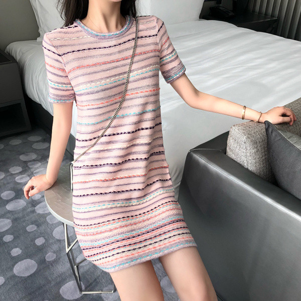 Női csíkos alkalmi ruha rövid ujjal
