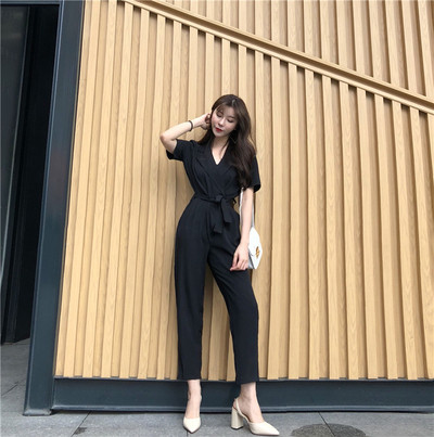 Стилен дамски гащеризон с V-образно деколте в три цвята