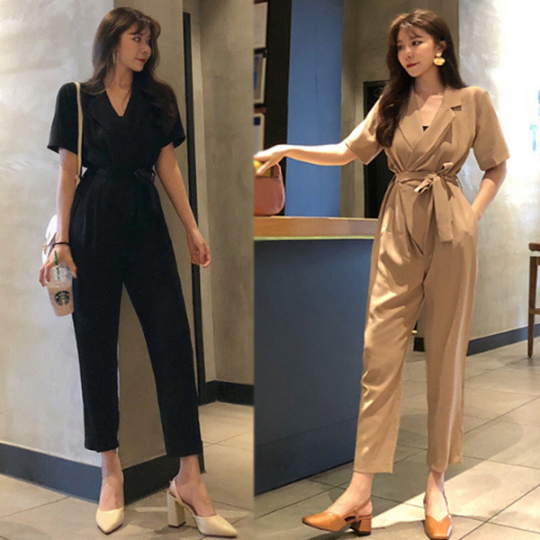 Стилен дамски гащеризон с V-образно  деколте в три цвята 