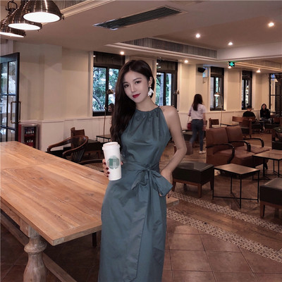 Γυναικείο φόρεμα με ζώνη σε μπεζ και πράσινο χρώμα