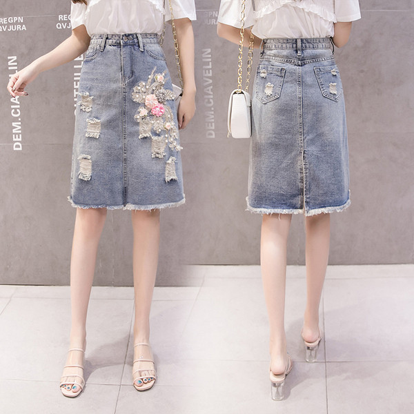 Дамска дънкова пола с перли и апликации