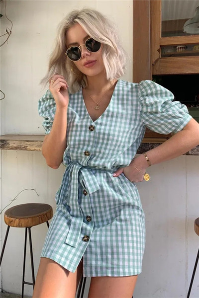 Női kockás ruha gombokkal, kék színben