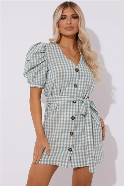Női kockás ruha gombokkal, kék színben